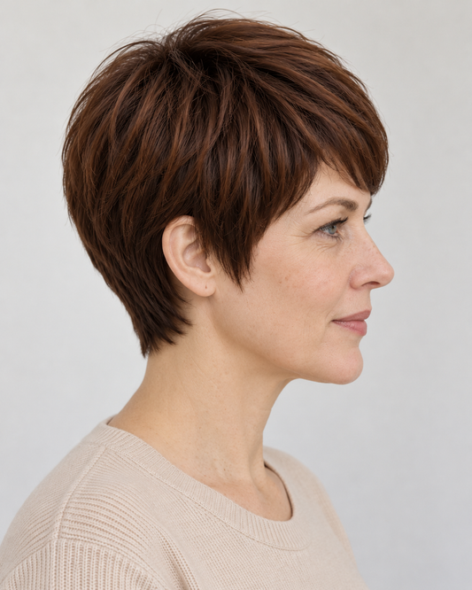 Perucă Păr Natural Alegria, purtată – vedere din profil
