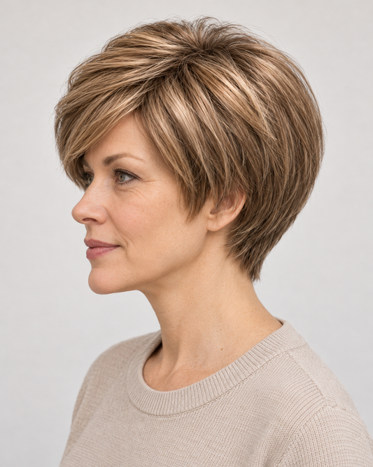 Perucă Păr Natural Cassie, purtată – vedere din profil