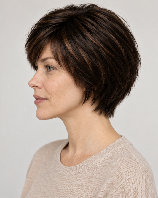 Perucă Păr Natural Dariah, purtată – vedere din profil