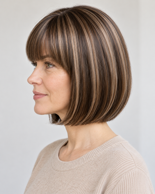 Perucă Păr Natural Elnara, purtată – vedere din profil