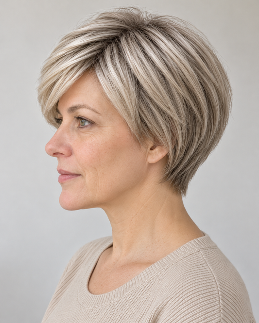Perucă Păr Natural Lydia, purtată – vedere din profil