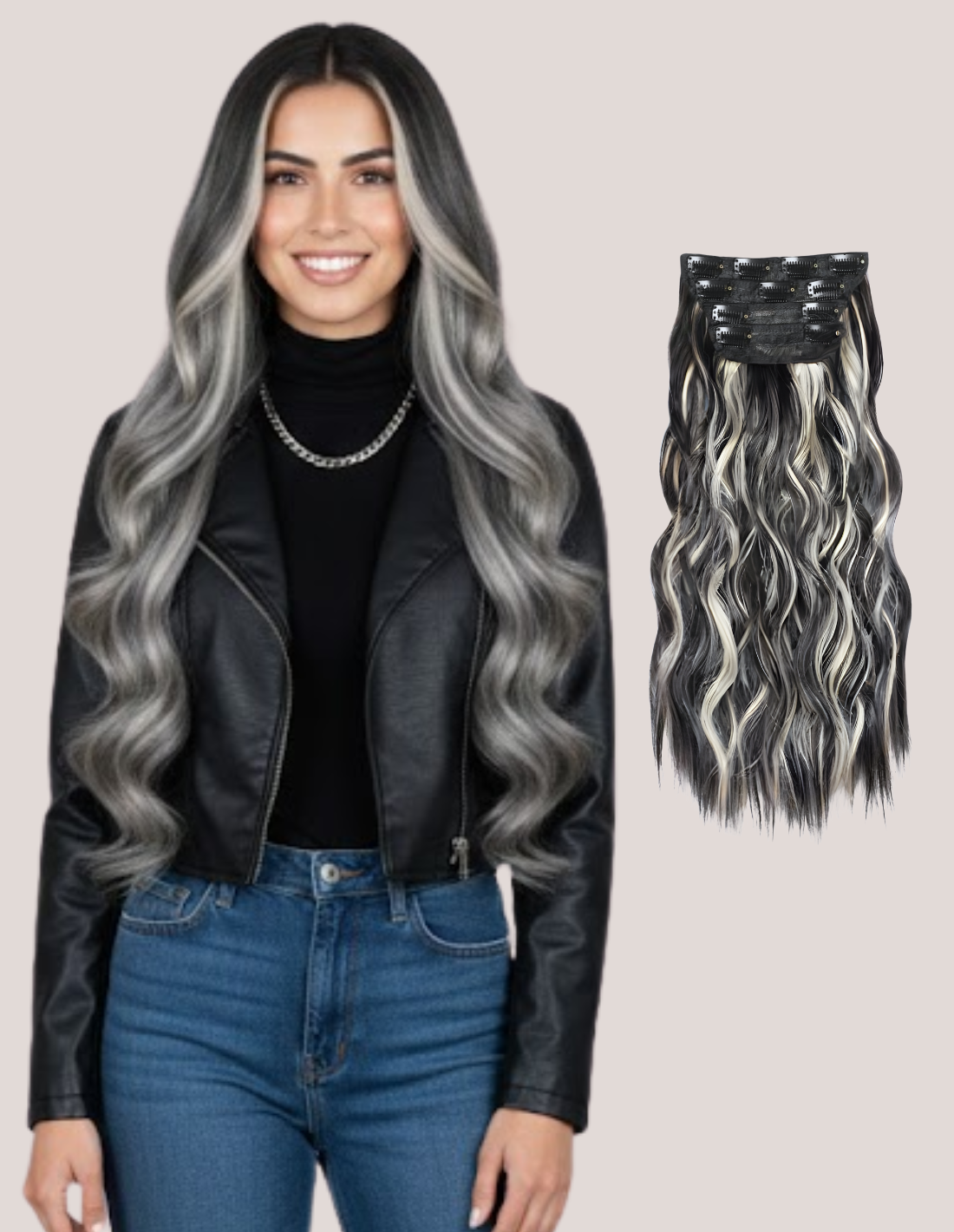 Extensii Clip On Ondulat Balayage Negru /White Gray