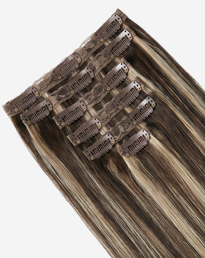 Extensii Clip On Best Seller Şuviţat Şaten Închis Cu Blond Opal
