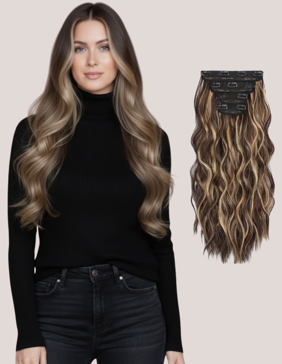 Extensii Clip On Ondulat Balayage Saten Inchis/Blond Bej