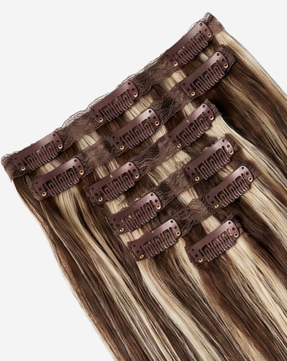 Extensii Clip On Best Seller Şuviţat Şaten Ciocolatiu cu Blond Deschis