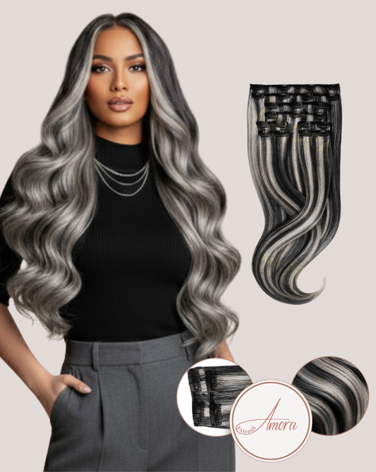Extensii Clip On Mega Volum Balayage Silver Black 1-gray