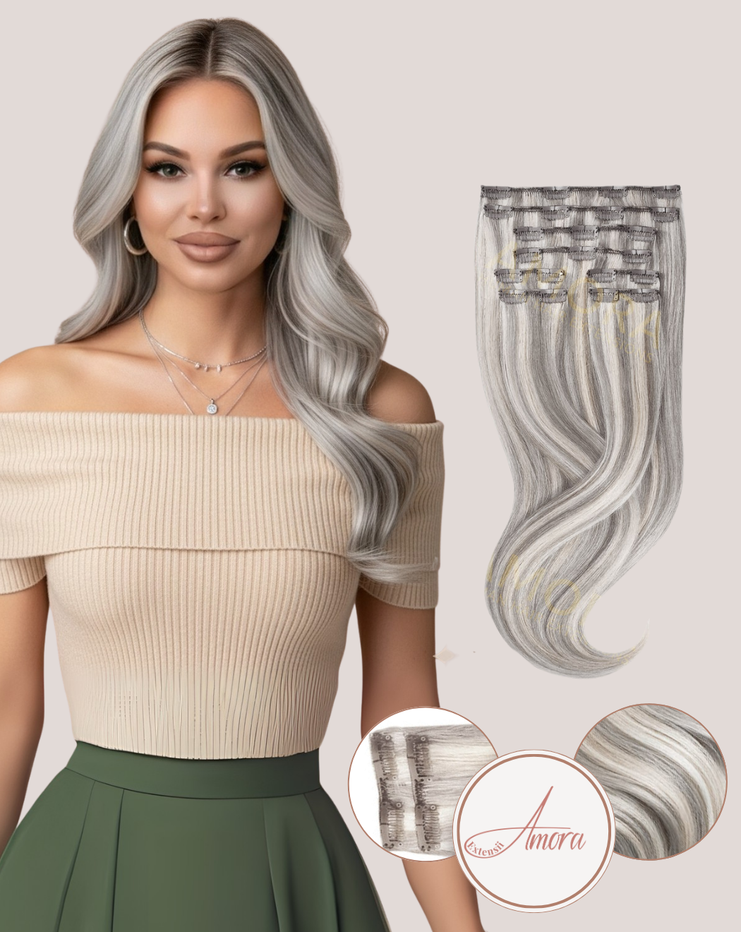 Extensii Clip On Amora Balayage Icy Blonde gray-pla
