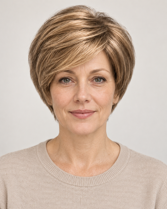 Perucă Păr Natural Cassie, purtată – vedere din față
