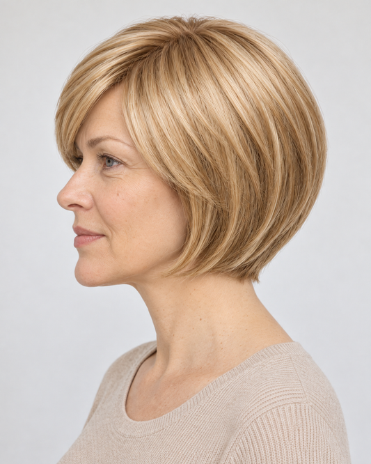 Perucă Păr Natural Chameli, purtată – vedere din profil