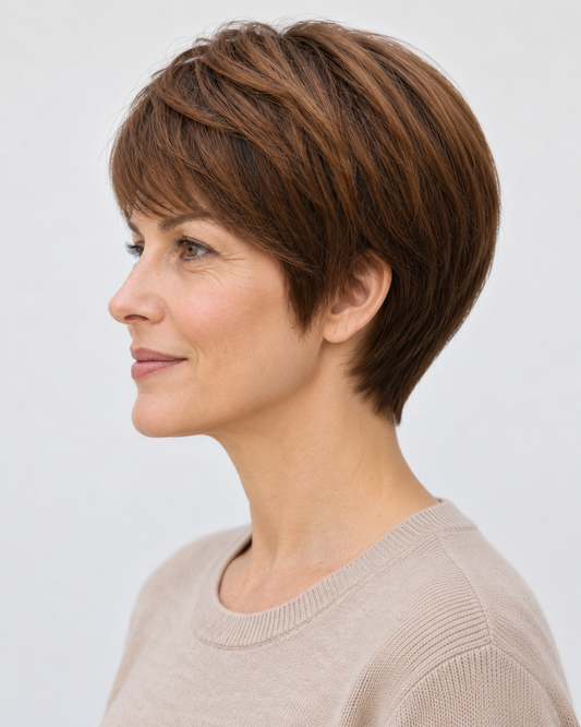 Perucă Păr Natural Jennifer, purtată – vedere din profil