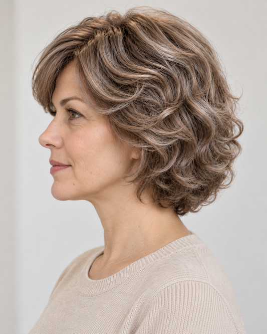 Perucă Păr Natural Louana, purtată – vedere din profil