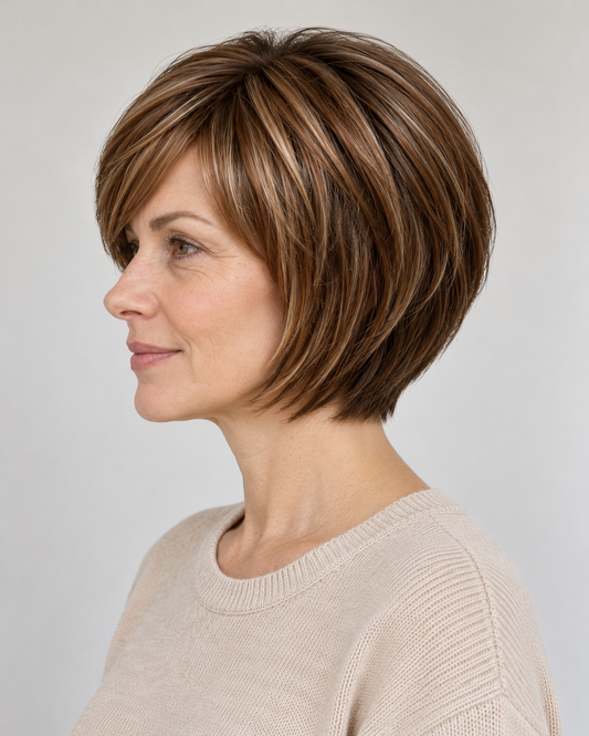 Perucă Păr Natural Uma, purtată – vedere din profil